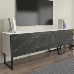 Decorotika Parla 3 Door Black Marble and White TV Unit - Size: 50.6 x 150 x 35cm - Multi - Wilko