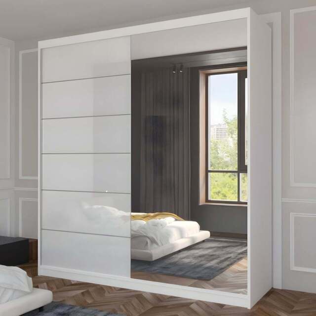 Sliding Wardrobes 4U Infinity 2 Door White High Gloss Compact Mirrored Wardrobe 150cm - Wilko - image 1