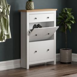 VIDA DESIGNS Arlington White and Oak 2-Door 1-Drawer Shoe Cabinet Rack - Size: 24cm x 78 x 108cm - Wilko