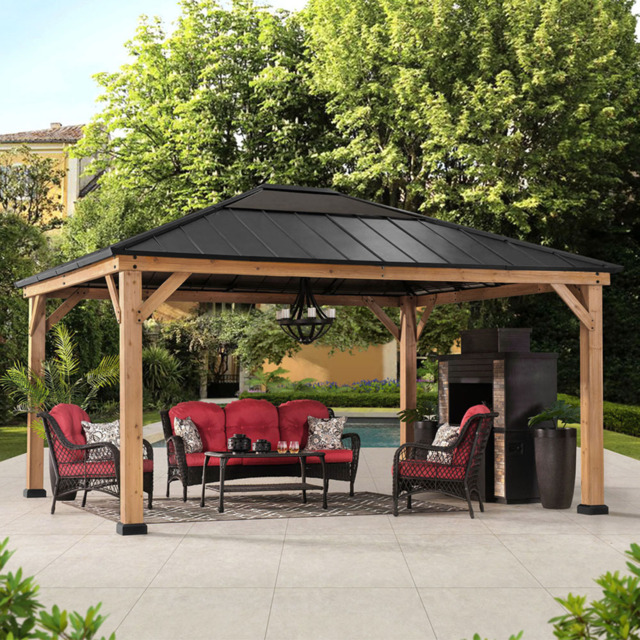Sunjoy Ernir 3.93 x 4.52m Anthracite Cedar Wood Gazebo - Black - Wilko - image 1