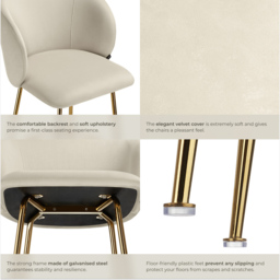 tectake Luana Cream and Gold Velvet Look Padded Bar Stool Set of 4 - Wilko - thumbnail 6
