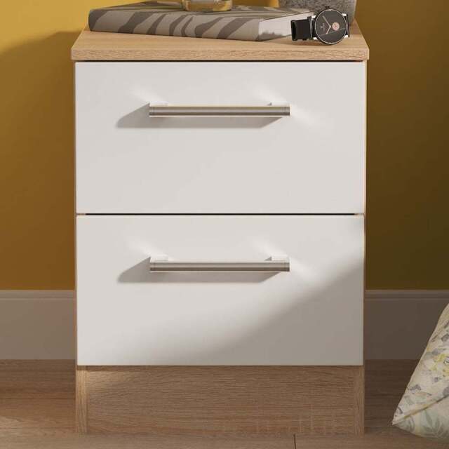 Crowndale Devon 2 Drawer Matt White and Bardolino Oak Compact Bedside Cabinet Ready Assembled - White Matt & Bardolino Oak - Wilko - image 1