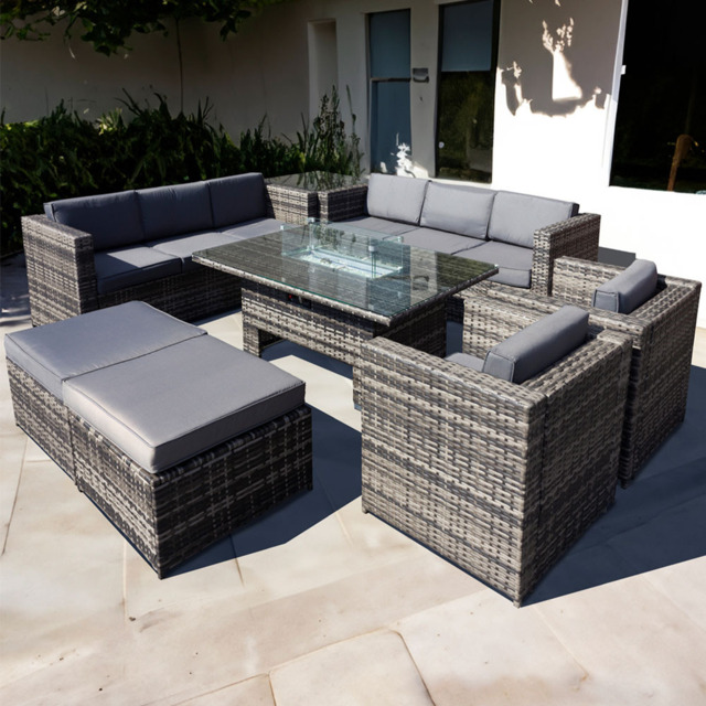 Oseasons Malta 10 Seater Grey Walnut Rattan Rising Firepit U Shape Sofa Set with 2 Footstool - Brown - Wilko - image 1