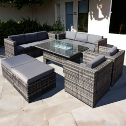 Oseasons Malta 10 Seater Grey Walnut Rattan Rising Firepit U Shape Sofa Set with 2 Footstool - Brown - Wilko - thumbnail 1