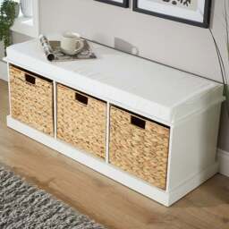 Home Source Lapworth 3 Basket Drawer White Storage Bench with Padded Cushioned Top - Size: 46 x 110 x 40cm - Wilko