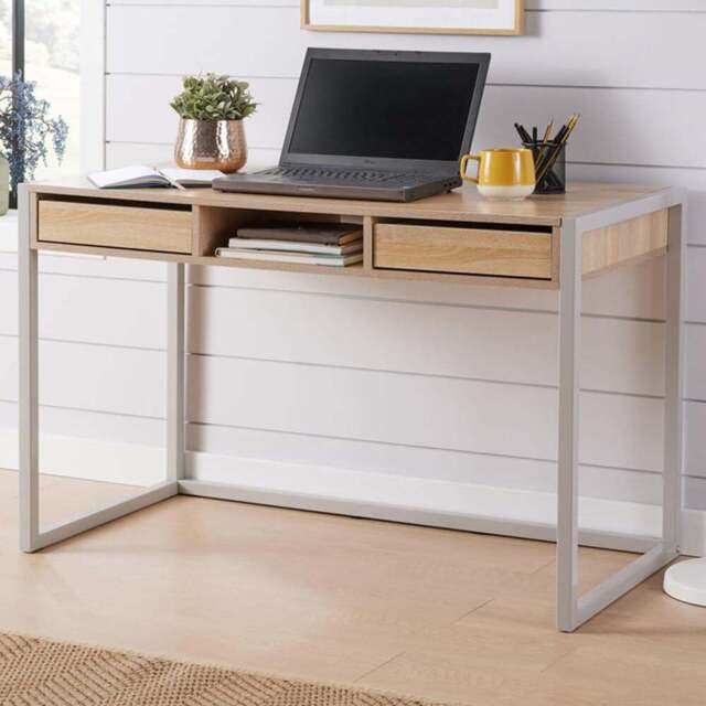 Home Source Toronto 2 Drawer Single Shelf Computer Desk Oak Effect - Size: 75 x 60 x 120cm - Brown - Wilko