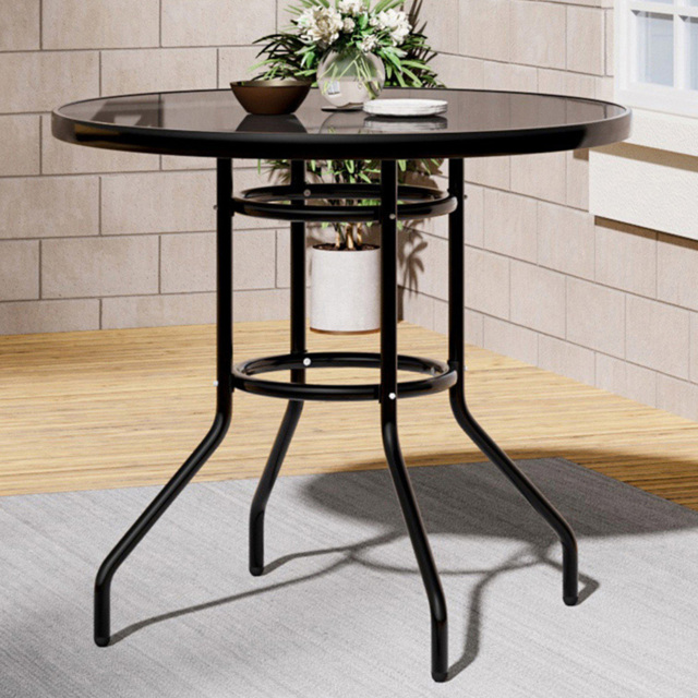 Living and Home 2 Seater Round Garden Glass Table with Parasol Hole - Black - Wilko - image 1