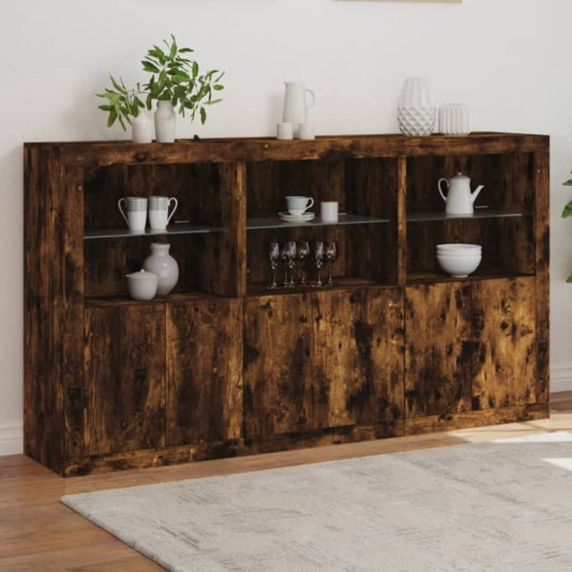 vidaXL 6 Door 6 Shelf Smoked Oak Large Sideboard with LED Lights - Size: 100 x 37 x 181.5cm - Brown - Wilko - image 1