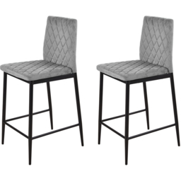Living and Home Grey Diamond-Quilted Velvet Upholstered Bar Stool Set of 2 - Wilko - thumbnail 3