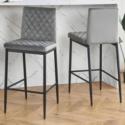 Living and Home Grey Diamond-Quilted Velvet Upholstered Bar Stool Set of 2 - Wilko