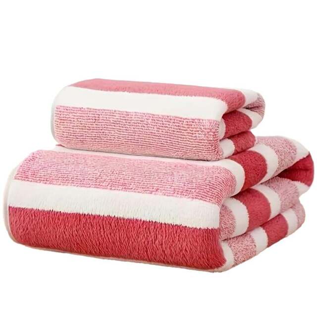 Dyzi Pink Striped Ultra Absorbent Quick Dry Hand and Bath Towel Set - Size: 140 x 70 x 3cm - Wilko - image 1