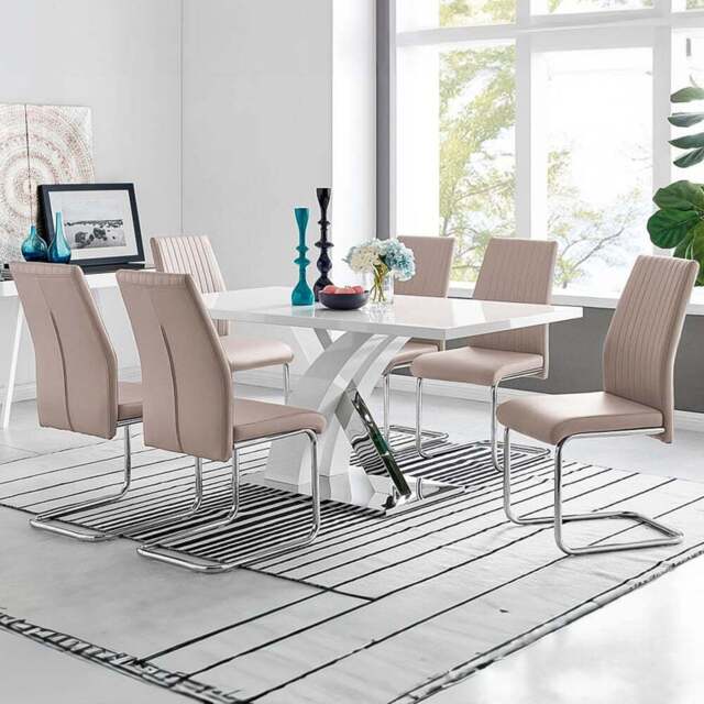 Furniturebox Columbia Fontana 6 Seater Dining Set White Gloss Cappuccino and Chrome - Brown - Wilko - image 1
