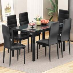 Kosy Koala 6 Seater Faux Leather Glass Dining Set Black - Wilko