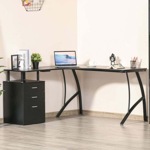 Portland L-Shaped Storage Drawer Desk Black - Size: 143 x 143 x 76cm - Wilko