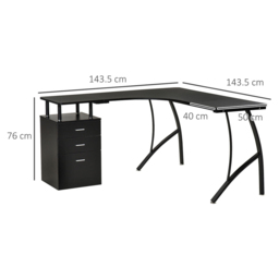Portland L-Shaped Storage Drawer Desk Black - Size: 143 x 143 x 76cm - Wilko - thumbnail 7
