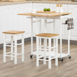 HOMCOM Bamboo Breakfast Cart with 2 Drawer Drop Leaf Table and Stools - Size: 46.5 x 31 x 91cm - White - Wilko - thumbnail 1