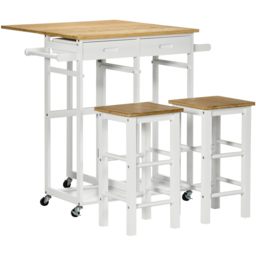 HOMCOM Bamboo Breakfast Cart with 2 Drawer Drop Leaf Table and Stools - Size: 46.5 x 31 x 91cm - White - Wilko - thumbnail 3