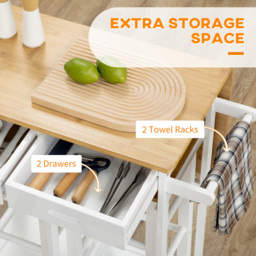 HOMCOM Bamboo Breakfast Cart with 2 Drawer Drop Leaf Table and Stools - Size: 46.5 x 31 x 91cm - White - Wilko - thumbnail 7
