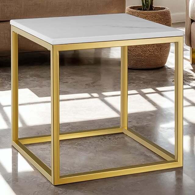 tectake Alysia Gold and White Marble Top Square Side Table - Size: 47.5 x 45 x 45cm - Wilko - image 1
