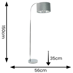 ValueLights Curva Chrome Arched LED Floor Lamp with Grey and Chrome Velvet Lamp Shade - Size: 150 x 35 x 56cm - Silver - Wilko - thumbnail 5