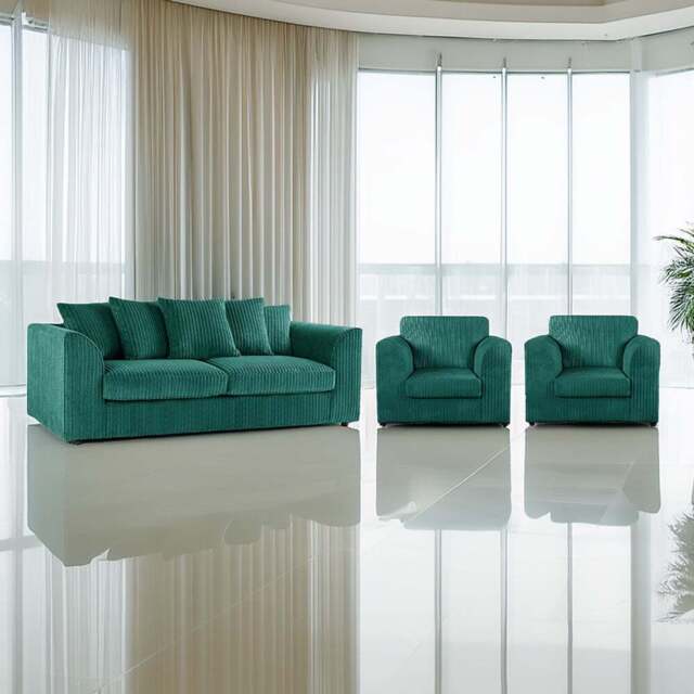 Luxor 5 Seater Teal Jumbo Cord Sofa Suite with Scatter Back - Green - Wilko - image 1