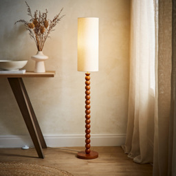 ValueLights Wyatt Natural Linen Tall Lamp Shade Walnut Wood Bobbin LED Floor Lamp - Size: 129.5 x 20 x 20cm - Cream - Wilko - thumbnail 3