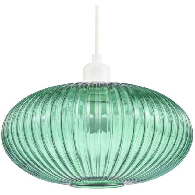 Happy Homewares Designer Emerald Forest Green Line Ribbed Glass Oval Pendant Shade - Size: 17 x 30 x 30cm - Wilko - image 1