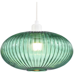 Happy Homewares Designer Emerald Forest Green Line Ribbed Glass Oval Pendant Shade - Size: 17 x 30 x 30cm - Wilko - thumbnail 5