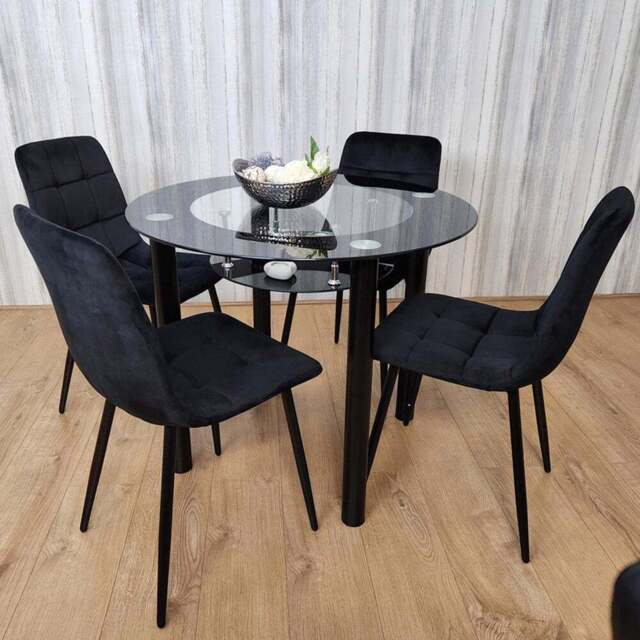Portland Rocco 4 Seater Round Glass Velvet Dining Set Black - Wilko - image 1