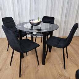 Portland Rocco 4 Seater Round Glass Velvet Dining Set Black - Wilko
