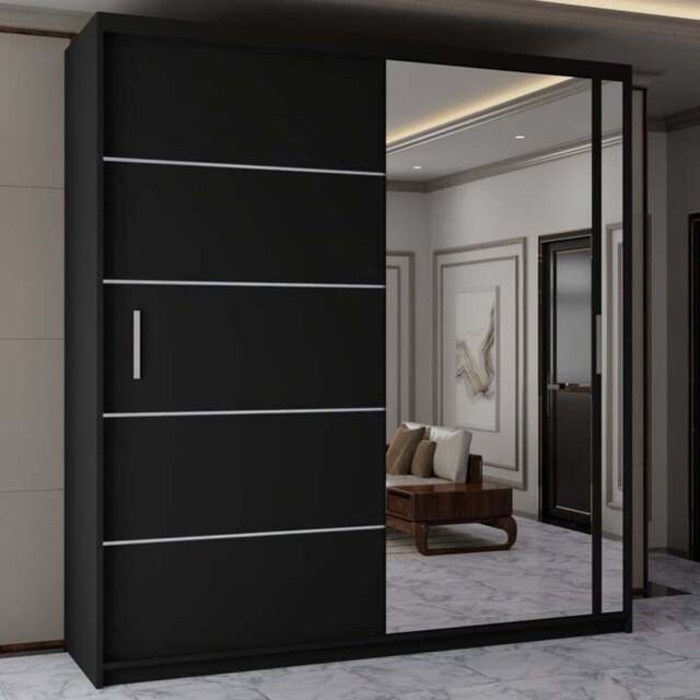 Sliding Wardrobes 4U 2 Sliding Door Black Modern Wide Mirrored Wardrobe 203cm - Size: 2 Door - Wilko - image 1