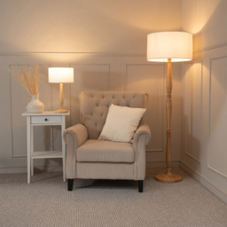 ValueLights Victoria White Fabric Drum Shade Light Wood Traditional Stem LED Floor Lamp - Size: 157 x 45 x 45cm - Cream - Wilko - thumbnail 5