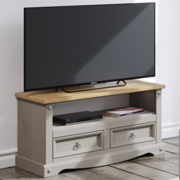 Corona 2 Drawer Single Shelf Grey Washed Wax Flat Screen TV Unit - Size: 43 x 95 x 51cm - Wilko