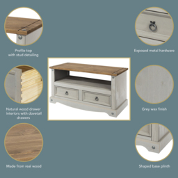 Corona 2 Drawer Single Shelf Grey Washed Wax Flat Screen TV Unit - Size: 43 x 95 x 51cm - Wilko - thumbnail 6