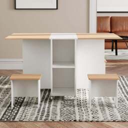 Living and Home 4 Seater Drop-Leaf Table Dining Set White and Light Wood - Natural Wood + White - Wilko