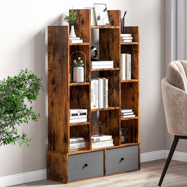 Costway 2 Drawer 12 Shelf Brown Bookcase - Wilko - image 1