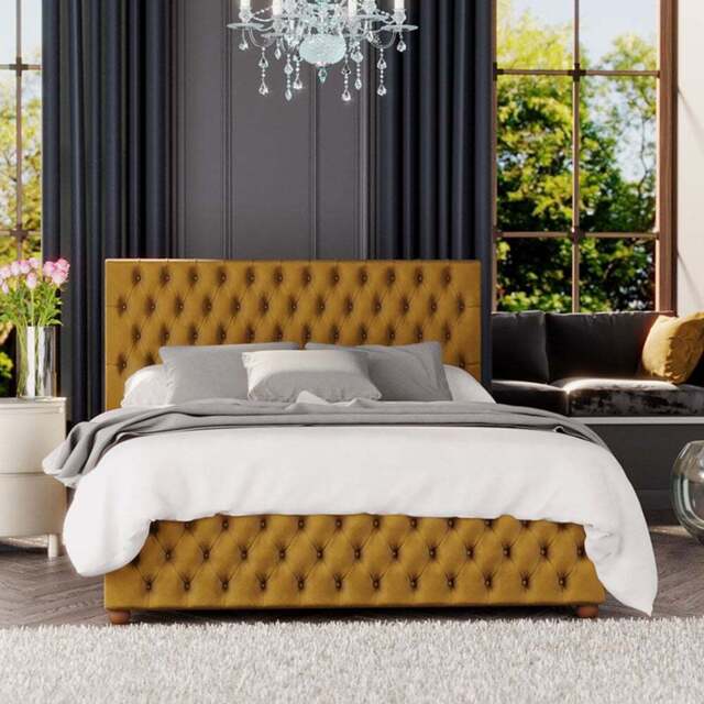 Laurence Llewelyn Bowen Seren King Size Ochre Plush Velvet Ottoman Bed - Yellow - Laurence Llewelyn-Bowen - Wilko
