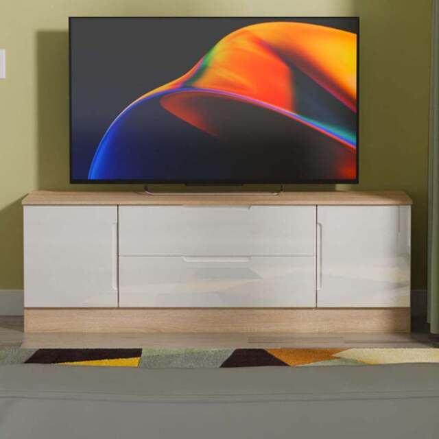 Crowndale Milan 2 Door 2 Drawer White Gloss and Bardolino Oak Wide TV Unit Ready Assembled - Size: 50 x 144 x 39cm - White Gloss & Bardolino Oak - Wil - image 1