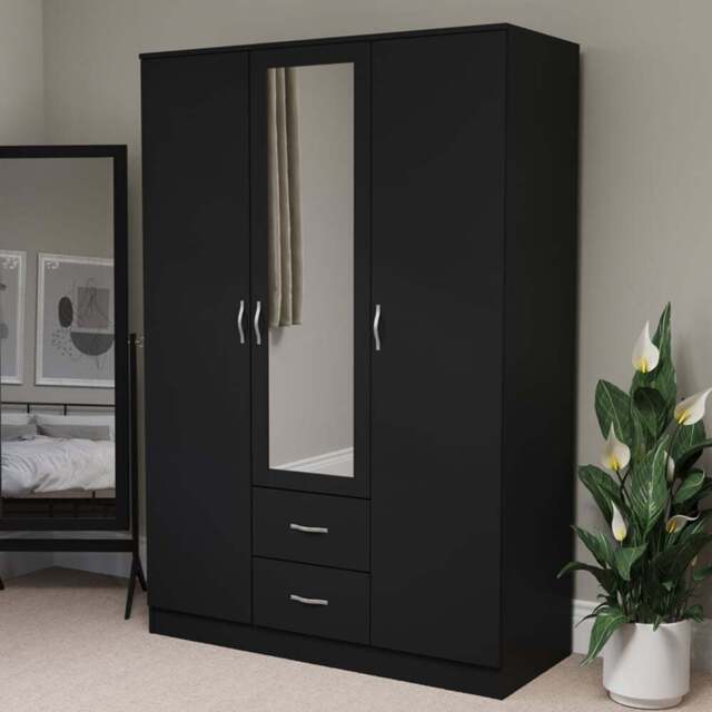 Vida Designs Riano 3 Door 2 Drawer Black Mirror Wardrobe - Size: 3 Door, 2 Drawer - Wilko - image 1