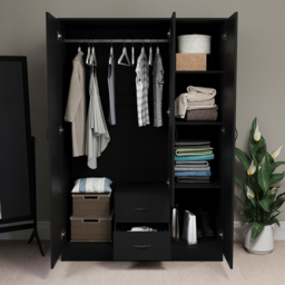 Vida Designs Riano 3 Door 2 Drawer Black Mirror Wardrobe - Size: 3 Door, 2 Drawer - Wilko - thumbnail 5