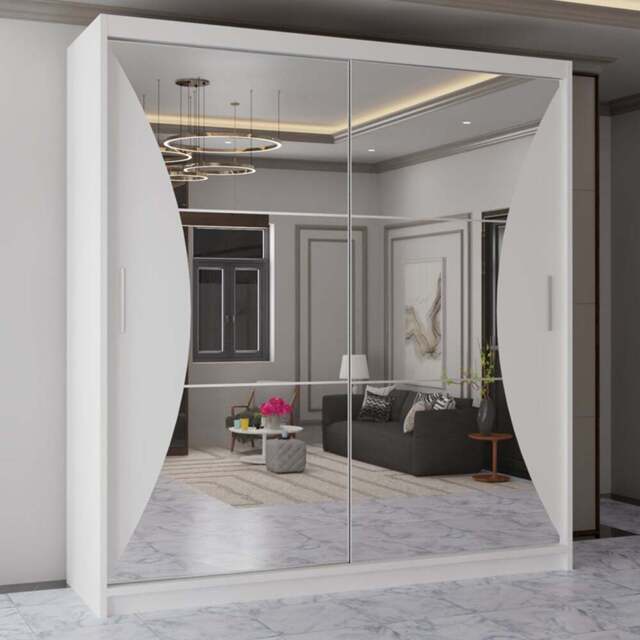 Sliding Wardrobes 4U California 2 Door White Curved Mirrored Wardrobe 150cm - Wilko - image 1