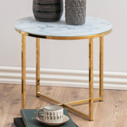 Florence Alisma White Clear Marble Glass Top Round Side Table with Gold Legs - Furniture To Go - Wilko