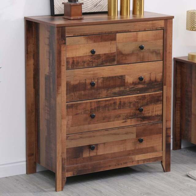 FurnitureHMD 5 Drawer Industrial Style Wooden Chest of Drawers - Brown - Wilko - image 1