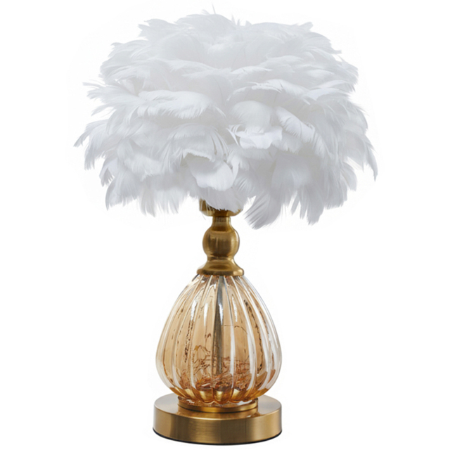 Living and Home Screw E27 Antique Bronze White Goose Feather Shade Table Lamp - Size: 40 x 27 x 27cm - Bronze + White - Wilko - image 1