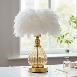 Living and Home Screw E27 Antique Bronze White Goose Feather Shade Table Lamp - Size: 40 x 27 x 27cm - Bronze + White - Wilko - thumbnail 3