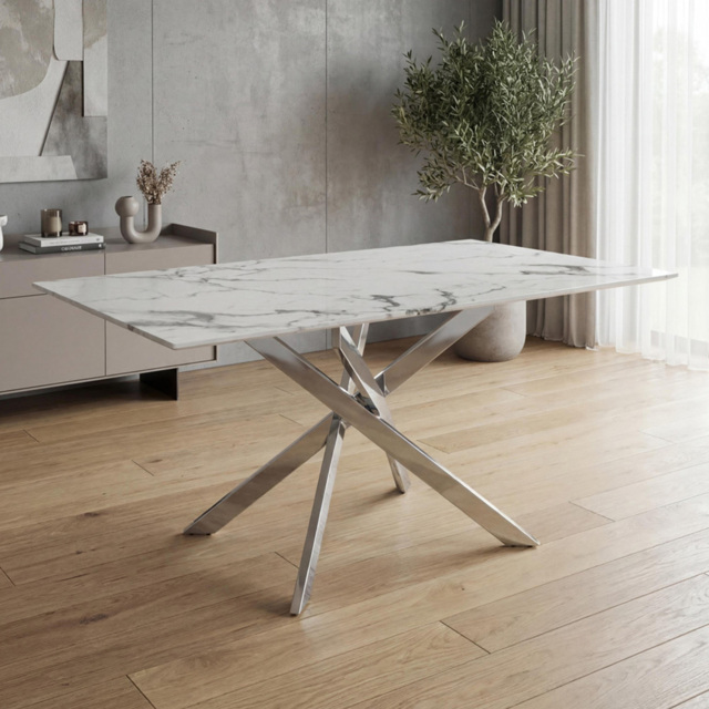 wilko Monaco 4 Seater Marble Glass Dining Table Chrome and White - Shankar - image 1