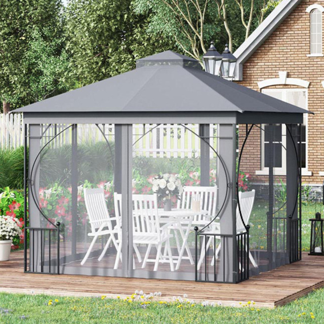 Outsunny 3 x 3m Light Grey Steel Frame Gazebo with Mesh Curtains - Wilko - image 1