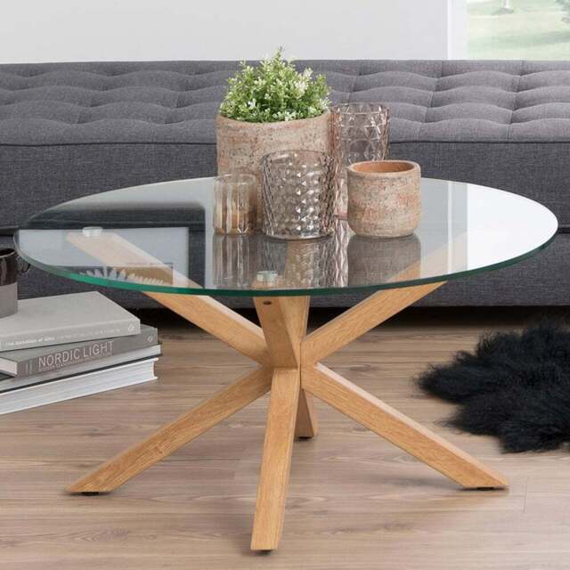 Florence Heaven Smoked Glass Top and Oak Legs Round Coffee Table - Brown - Furniture To Go - Wilko - image 1