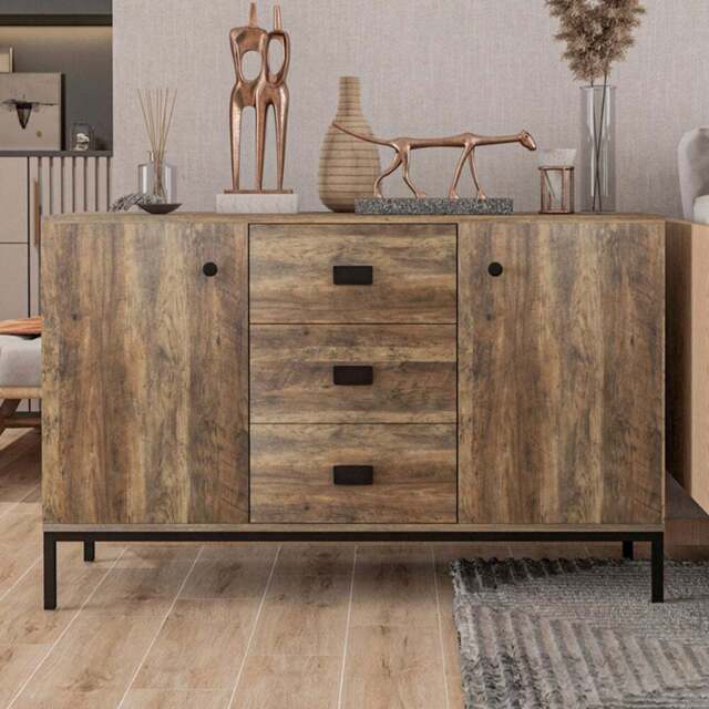 HOMCOM 2 Door 3 Drawer Distressed Brown Retro Sideboard - Size: 26.5 x 48 x 134cm - Wilko - image 1