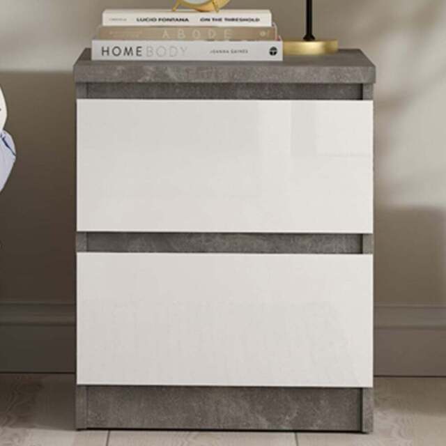 Florence Naia 2 Drawer Concrete and White High Gloss Bedside Table - Multi - Furniture To Go - Wilko - image 1